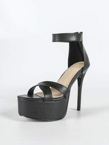 Sandali con tacco alto alla moda da donna, stile da night club, per feste, in pelle sintetica, con cinturini incrociati, cerniera sul retro, punta aperta, punta tonda classica, tacco sottile, super tacco alto, sandali con plateau, estivi, per uso esterno, regolari, sandali neri da donna, sandali con tacco alto, minimalisti, sexy