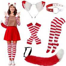 5pcs Cat, Wolf, Fox Tail Headband, Elastic Striped Gloves, Striped Thigh High Socks, Contrast Color Collar, Costume Set Suitable For Party Cosplay - Pink Purple Stripes - View 15