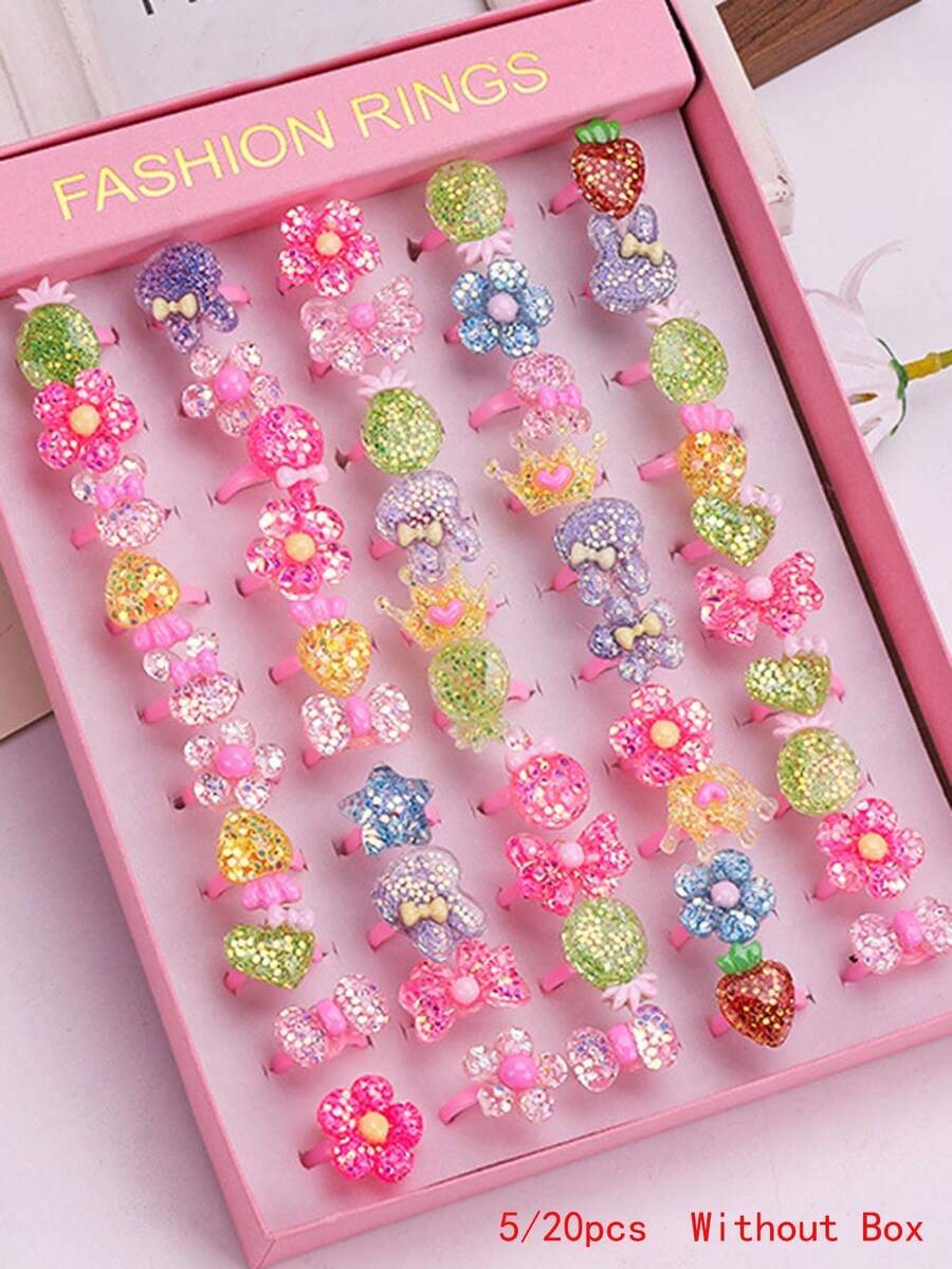 5pcs/20pcs, Cute Cartoon Golden Glitter Fruit & Animal Princess Rings Set, Random Colors And Styles, No Box, Jewelry Accessories Gift, Suitable For Girls And Boys