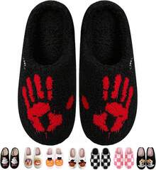 Cozy Plush Halloween Pumpkin Slippers, Non-Slip Fluffy Design - Red Hand - View 1