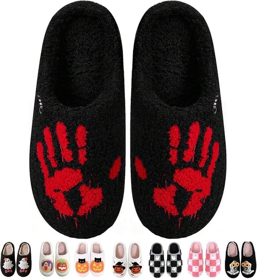 Cozy Plush Halloween Pumpkin Slippers, Non-Slip Fluffy Design - Red Hand - View 1