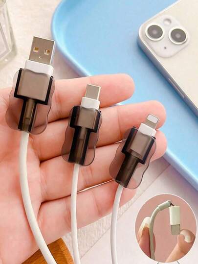 2-10 piezas Protector de cable de carga transparente negro de diseño ondulado, ligero. Funda protectora para cable de datos del teléfono con textura suave