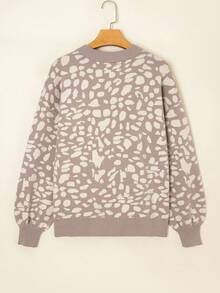 Acelitt 冬季女式灰色豹纹斑点图案罗纹边露肩毛衣，适合日常休闲宽松穿着