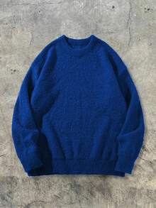 Unisex Fluffy Casual Loose Fit Crew Neck Textured Solid Color Pullover Sweater, Versatile Long Sleeve Knit Top For Autumn & Winter - Blue - View 3