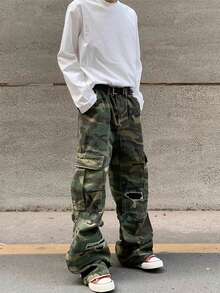 American Retro Distressed Patch Fabric Large Pocket Green Camouflage Work Pants Men's And Women's Micro Flared Loose Straight Leg Jeans New Style