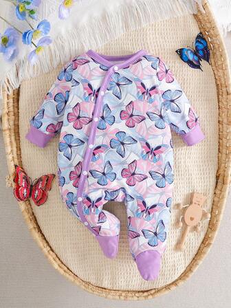 女婴休闲可爱卡通大象和蝴蝶结印花连脚睡衣，长袖连体衣，春秋季