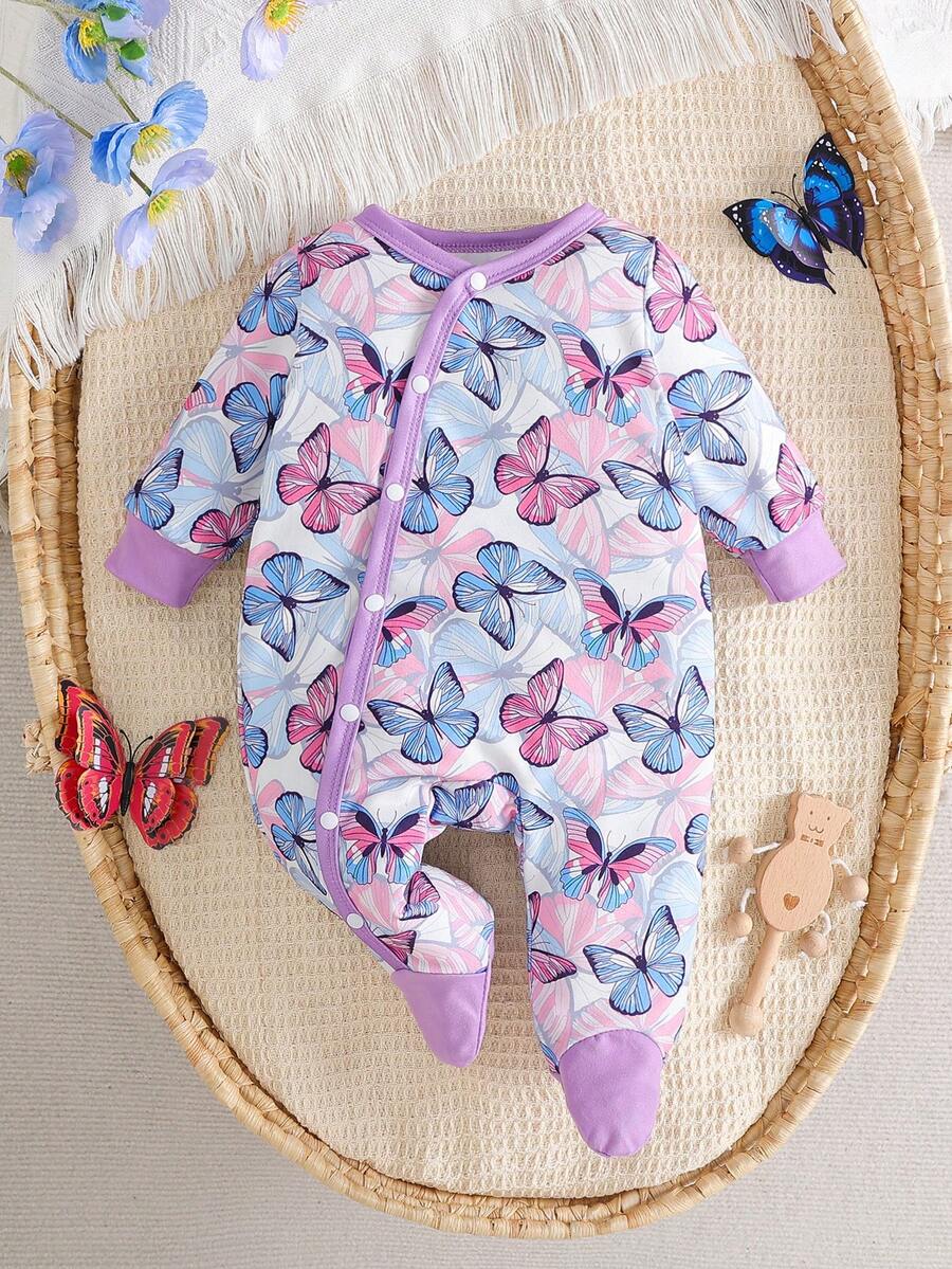 女婴休闲可爱卡通大象和蝴蝶结印花连脚睡衣，长袖连体衣，春秋季 - 淡紫色 - 查看 1