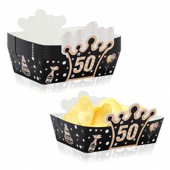 10pcs/20pcs/50pcs 50th Birthday Paper Food Tray Black And Golden 50 Year Old Food Snack Popcorn Boats Nacho Plates Serving Snack Trays Table Decorations For Men Women Mother Father 50 Year Old Birthday Party Supplies