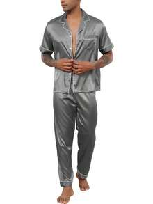 Mens Silk Pajama Set, Short Sleeve Silk Satin Pajamas For Men Soft Mens Loungewear Sets 2 Piece Button Down Pjs Sethalloween - Striped Black - View 9