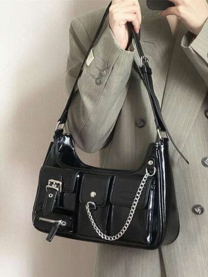 Bolsa de ombro feminina de cor sólida 2025, nova bolsa de ombro de cor sólida, grande capacidade, vários bolsos, grunge, Y2K, bolsa longa embaixo do braço, bolsa de ombro estilo hippie, adequada para bolsas e carteiras de meninas descoladas.