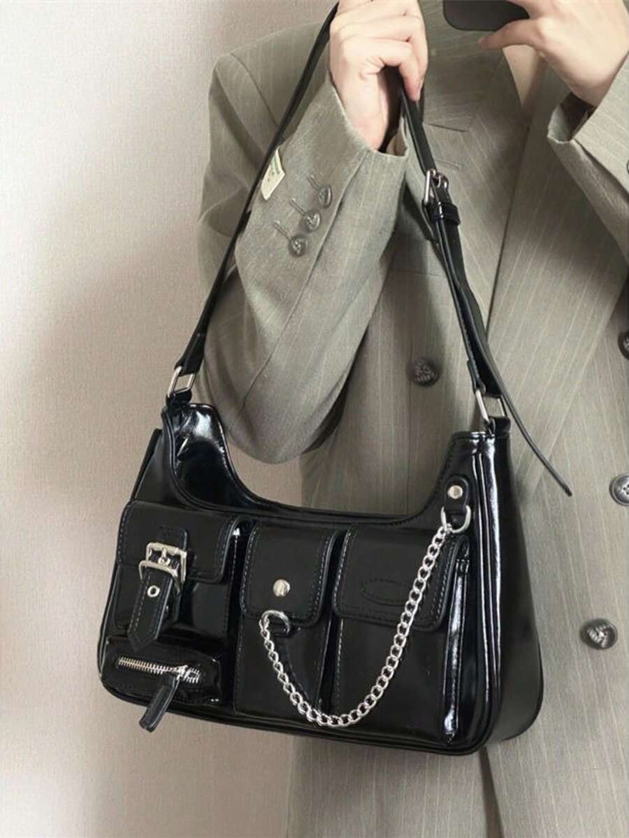 2025新款女士纯色单肩包，纯色大容量多口袋复古Y2K长款单肩包，可腋下携带，嬉皮时尚单肩包，适合酷女孩手提包和钱包 - 黑色 - 查看 1