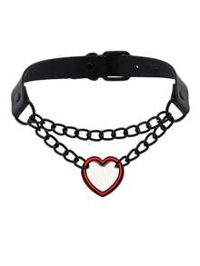 1pc Gothic Heart Choker Necklace, PU Leather Punk Rivet Collar Necklace, Creative Gift For Halloween, Christmas, Valentine's Day Party - Multicolor - View 2