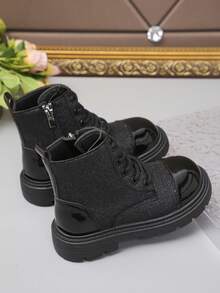 1 par de botas unisex para niños con diseño de piel brillante y parches, botas cálidas para exteriores, botas casuales para niños pequeños, botas para todas las estaciones