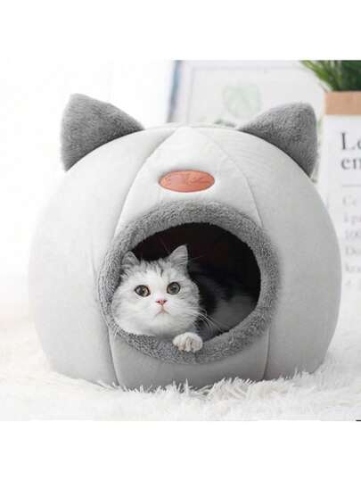 1 pieza Cama en forma de cueva para gatos de fibra de poliéster - Rincón de sueño acogedor y cálido para gatos pequeños y medianos - Nido de mascota duradero y antideslizante para uso en interiores - Suave, transpirable y cómodo para todas las estaciones - Cueva semi-cerrada para gatos que brinda mejor sueño y - Casa portátil y ligera para gatitos
