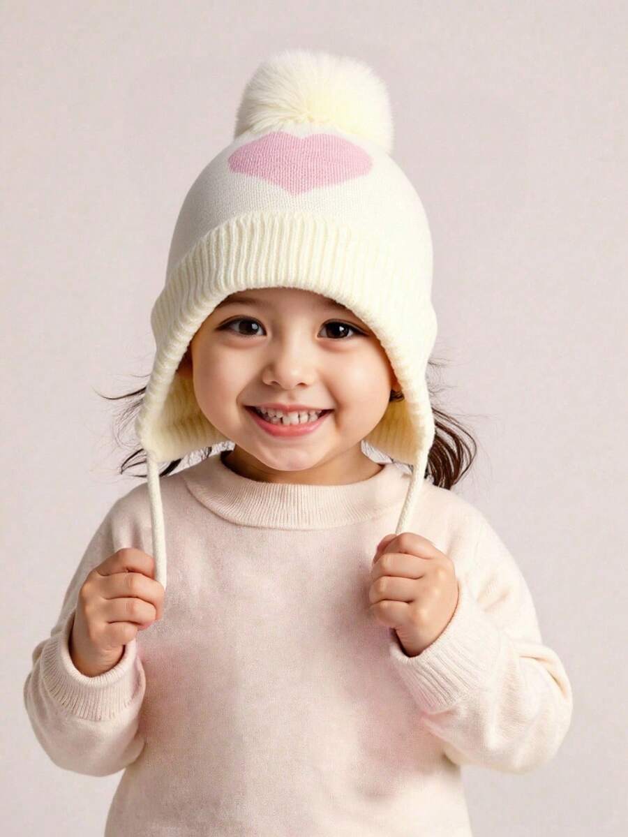 1 件婴儿保暖绒球护耳帽，心形提花针织帽，秋冬 - 1PC - 查看 1