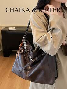 1 chiếc túi đeo vai CHAIKA & KILTER bằng da PU màu trơn, túi hobo cỡ lớn phong cách vintage thường ngày dành cho nữ, trang trí quai xách bằng khoen, dây đeo vai có thể điều chỉnh, khóa kéo, phù hợp cho mua sắm và đi làm hàng ngày. - Cà phê - Xem 5