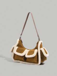 Korean Fashion Retro Faux Shearling & Suede Underarm Tote Bag For Women, Patchwork Shoulder Bag, Fluffy Commuter & Daily Casual Shopping Handbag - Brown - View 3