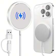15W Magnetic Wireless Charger Compatible With IPhone 12/13/14/15/16 Series, Magsafe Apple Charger, Type C + USB A Interfaceoffice,Dorm,Homephone Charger - Silvery White - View 2