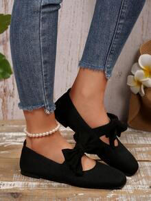 女士编织玛丽珍平底鞋，优雅可爱蝴蝶结装饰平底鞋，透气针织方头芭蕾平底鞋，学生鞋，女士休闲鞋 - 黑色 - 查看 5
