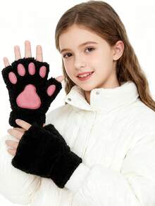 8-16Y Cat Claw Gloves Plush Half Finger Bear Paw Fingerless Gloves Cute Girl Thick Fleece Halter Neck Gloves Cartoon Warm Hands - Multicolor - View 1