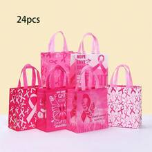 24件乳腺癌宣传礼品手提袋粉色丝带布袋带手柄女士派对用品无纺布节日礼品袋 - 粉色 - 查看 11