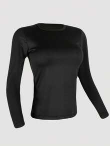 女士秋季长袖上衣内衣衬衫，超薄保暖舒适长袖圆领无痕修身高弹力打底衫，休闲纯色轻薄保暖秋冬季基础款打底衫 - 黑色 - 查看 5