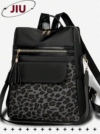 Anti-Theft Leopard Print Tassel Nylon Backpack For Women, Multi-Functional And Stylish Daily Bag, Multi-Pocket Lightweight Travel Bag, Large Capacity Simple School Bag, Convenient Book Bag, Suitable For Students, Nurses, Teachers, Business People, Travel And Vacation, Business Trips, Daily Commuting, Shopping, Office, Dating, Hiking, Training, Work, Birthday Gifts, Holiday Gifts