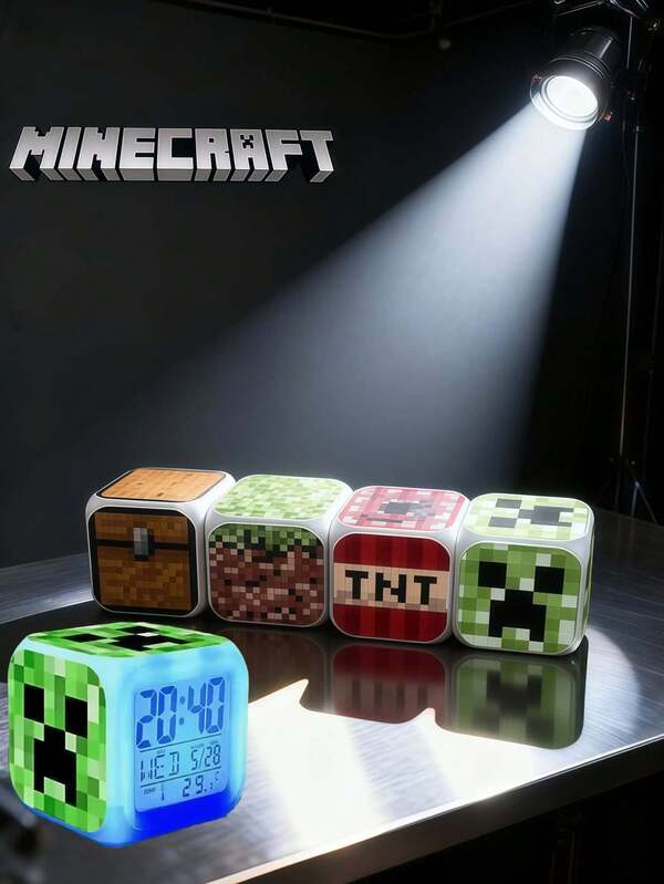 Minecraft Minecraft Collectible Smart Alarm Clock Colorful Lights, Creeper/TNT/Lawn/Box Full Set Of Pixel Block Diagram Alarm Clock, Square Brick Bedside, Desktop Ornaments, Can View Day Of The Week, Display Current Temperature, Display Month And Date, Bedroom Wake Up LED Stand