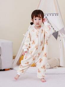 婴儿幼儿宝宝法兰绒分腿睡袋，四季皆宜，蓬松柔软，可爱小熊印花长袖连体睡袋，0-3岁 - 小熊 - 查看 6