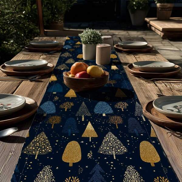 Chemin de table imprimé sapin de Noël, noir, décoration de table de cuisine et salle à manger, décoration de table de fête de Noël intérieure et extérieure