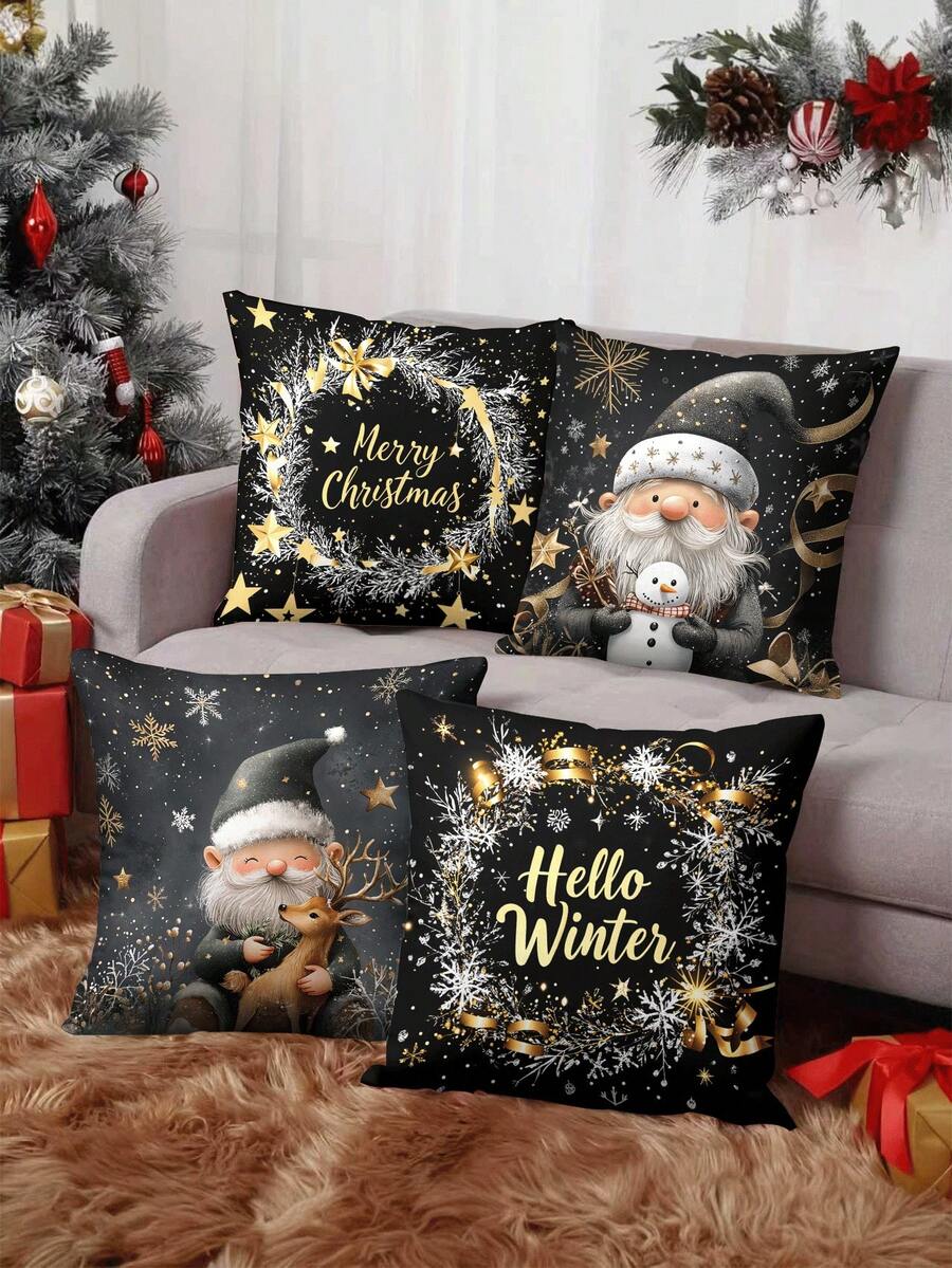 4 piezas/1 pieza Funda de almohada decorativa de Navidad en negro y dorado - Feliz Navidad/Hola Invierno, diseño de enano y muñeco de nieve/ciervo, 45x45 cm | Cierre con cremallera | Colores brillantes, material de poliéster | Para sala de estar, decoración de habitación, sofá y dormitorio (relleno no incluido) Excelente para decoraciones navideñas, decoración del hogar, suministros para fiestas de Navidad