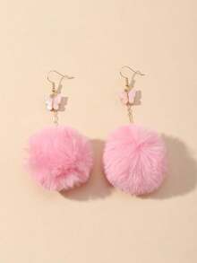 NAIZHU 1 Pair Pink Velvet Ball & Butterfly Dangle Earrings For Women, Cute Fashion Jewelry Accessory, Stylish Statement Earrings For Daily Wear Or Party, Sweet Lightweight Accessory, Perfect Gift Idea For Girls, Teens & Ladies - 粉色 - 查看 4