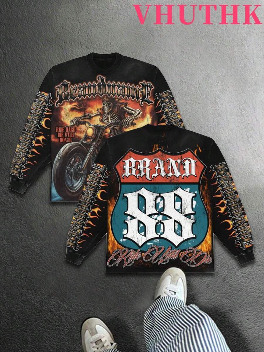 VHUTHK (250g Pure Polyester Round Neck Pullover Sweater)  Y2K Young & Eagle AndRiding To The Fullest, Dying With Glory "Skeleton Motorcycle Rider Digital Double-Sided Print ,  Filament Effect  Y2K Men's Round Neck Sweater In Autumn And Winter. - 黑色 - 查看 1