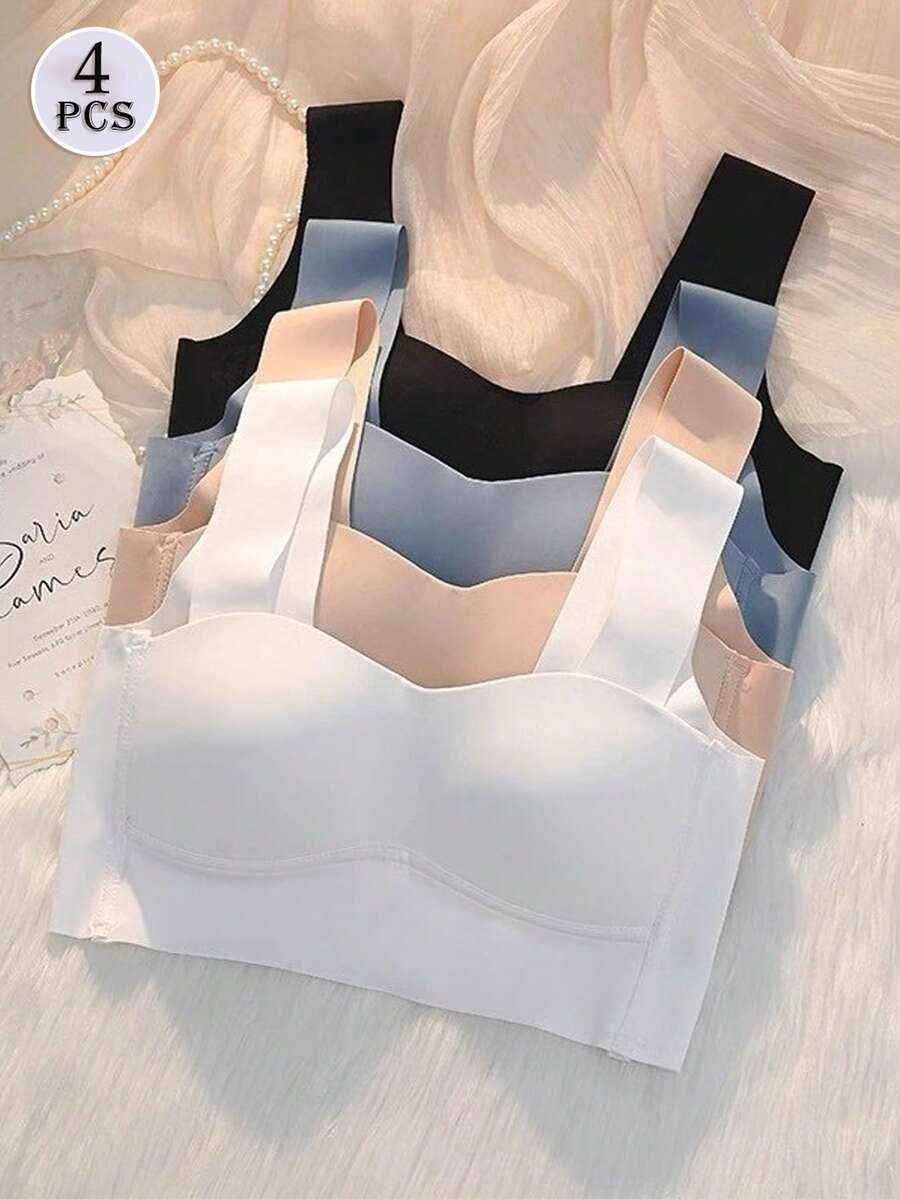4 piezas/Paquete Sujetadores inalámbricos suaves y sin costuras para mujeres, sujetadores inalámbricos cómodos para dormir, ajuste talla AB, color aleatorio - Multicolor - Ver 1