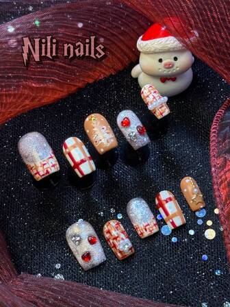 10pcs Handmade Fully Covered Fake Nail Sets,Short Square Nails Catching Glossy And Shaped Pure HandmadePress On Nails.Red& Pink Cat Eye Nails Handmade Christmas Tree Milk Apricot French Tip Nails Excellent Worksmanship Suitable For New Year&Christmas Parties With 1 Mini Nail File And 1 Double-Sided Adhesive Label