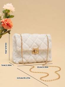 毛绒材质斜跨包，女士新款时尚百搭链条单肩包，毛绒绒锁扣小方包 - 白色 - 查看 7