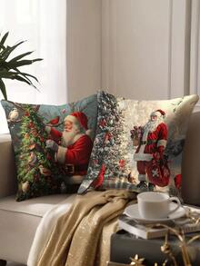 4pcs/1pc Christmas Pillow Covers - Santa Claus With Forest Animals And Christmas Tree Pattern Cushion Covers, 18x18 Inches | Zipper Closure | Bright Colors And Polyester Material | For Living Room, Room Decoration, Sofa And Bedroom (Filling Not Included) Great For Christmas Decorations, Christmas Party Home Decor Christmas Decorations Home