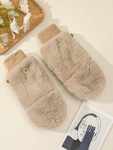 1 par de guantes sin dedos para mujer en color marfil, forrados térmicamente, cálidos y aptos para uso diario en invierno - Caqui - Ver 3