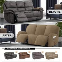 Stretch Recliner Sofa Cover - 5 Pieces Plush Fabric Slipcovers & Durable Furniture Protector For Reclining Couch, Ideal For Kids And Pets  (3 Seater Brown) - màu nâu - Xem 6