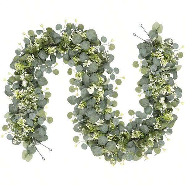 1/2pcs, Faux Eucalyptus Garland With White Flowers, 5.9FT/180cm Silvery Dollar Eucalyptus Leaves Gypsophila Garland, Artificial Greenery Vines For Wedding Party Mantle Table Runner Home Decor,Room Decor,Bathroom Decor, Offices Decor,Bedroom Decor Summer Decor