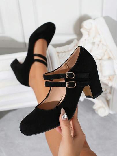 Autumn/Winter Wedding Casual Fashion High Heel Mary Jane T-Strap Shoes, Thick Heel Formal Dress Pumps, Velvet Surface Work Office Shoes, Outdoor Women Shoes (Please Check Foot Length, Palm Circumference Parameters Before Purchasing)