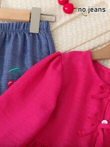 [Không phải denim] Bộ 2 áo cardigan cổ tròn màu trơn đơn giản cho bé gái kèm quần ống đứng in họa tiết trái cây, thích hợp mặc hàng ngày, ở nhà, ngoài trời, xuân/thu - Hồng - Xem 7