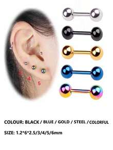 1件亲肤低敏钛钢舌钉、唇钉、双球圆头镜面抛光耳软骨钉、耳屏钉、穿刺饰品