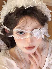 1pc Women's Punk Chic Gothic White Lace Heart Eye Mask Decor, Dark Cross Cosplay Accessory, Nurse, Lolita, Witch Makeup Party Necklace Garter - White - View 7