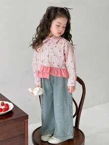 Girls Long Sleeve Blouse, Toddler/Little Young Girl Asymmetric Striped Bow Casual Shirt, Princess Versatile Daily Wear - Watermelon Pink - View 3