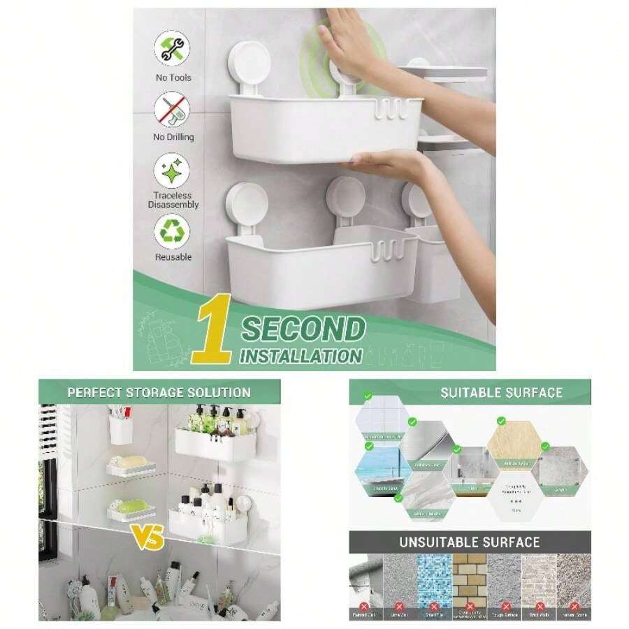 Estantes de Regadera con Ventosa, Organizadores para Regadera con Ganchos sin Taladros, Colgante para Pared Accesorios Juego de 5 para Bao con Soportes para Cepillo, Jaboneras, Almacenamiento - 5 Piezas - Ver 1