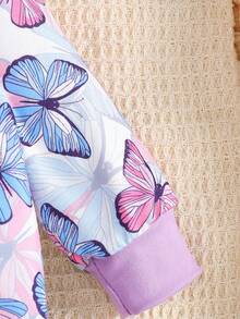 女婴休闲可爱卡通大象和蝴蝶结印花连脚睡衣，长袖连体衣，春秋季 - 淡紫色 - 查看 4