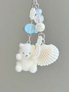 1pc Unisex Cartoon Flocked Small White Bear Keychain, Cute Shell Small Accessory, Student Personalized Phone Case Bag Pendant Bag Accessories Lanyards With Id Holder Car Accessories Bag Charms - trắng - Xem 3