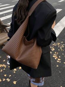 咖啡色/黑色纯色PU大容量磁扣休闲时尚单肩手提包，适合女孩日常使用 - 棕色 - 查看 4