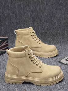 Autumn Leather High-Top Outdoor Boots For Men, Anti-Slip & Durable Thick Sole Work Boots (Random Stripe, Line, Letter Or Asymmetrical Pattern On Shoe Upper)